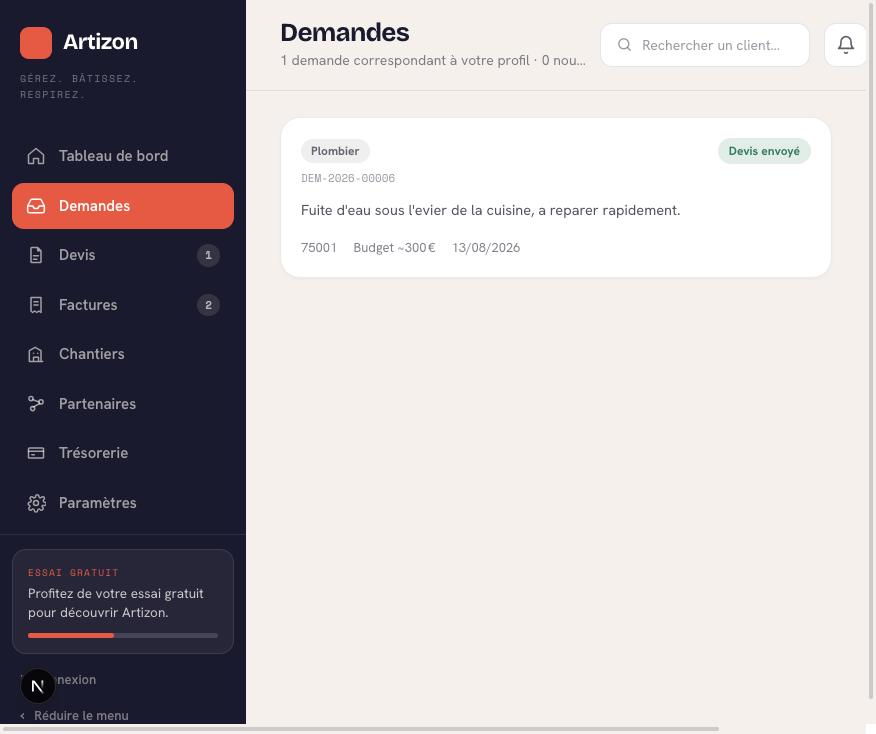 Liste des demandes de clients reçues par un artisan