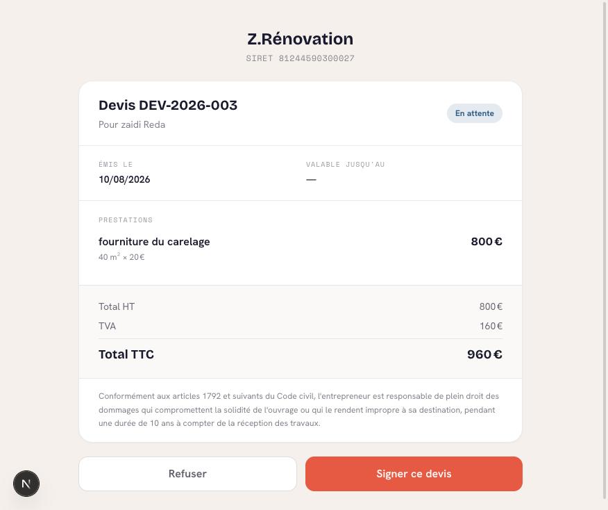 Page publique d'un devis Artizon, vue par le client, avec le bouton de signature