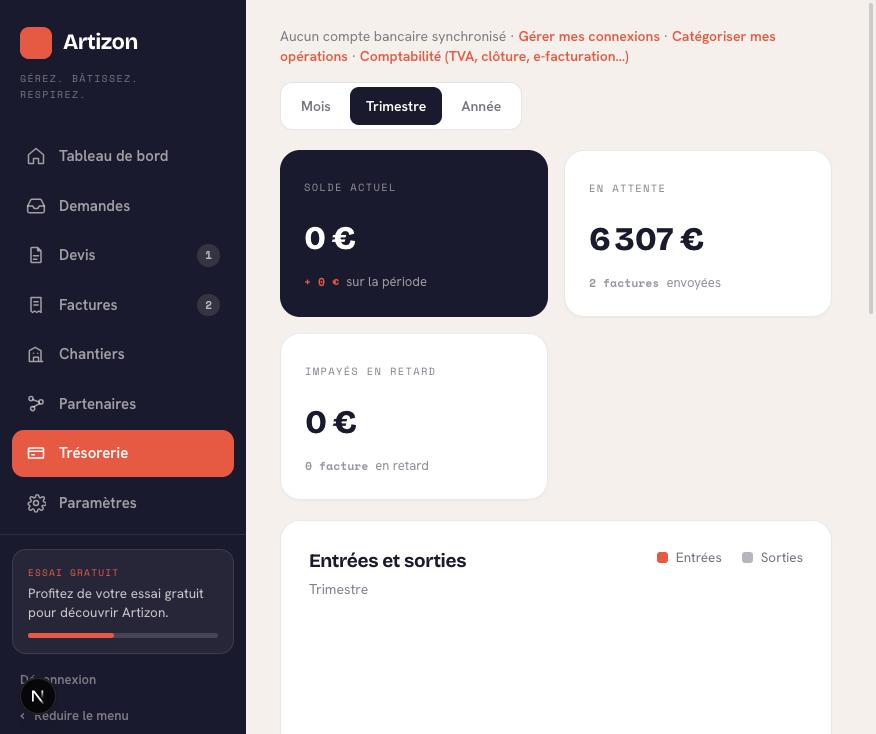 Vue trésorerie Artizon avec le solde et les impayés
